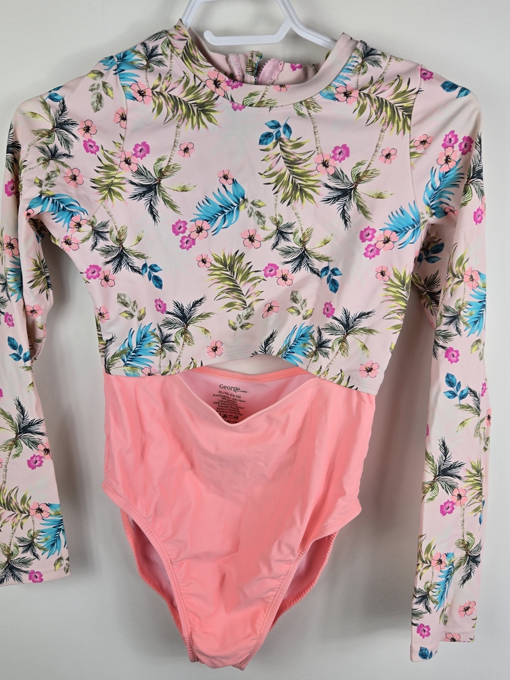 George Kids Tropical Floral Cutout Swimsuit Rashguard Surfcore Long Sleeve XL